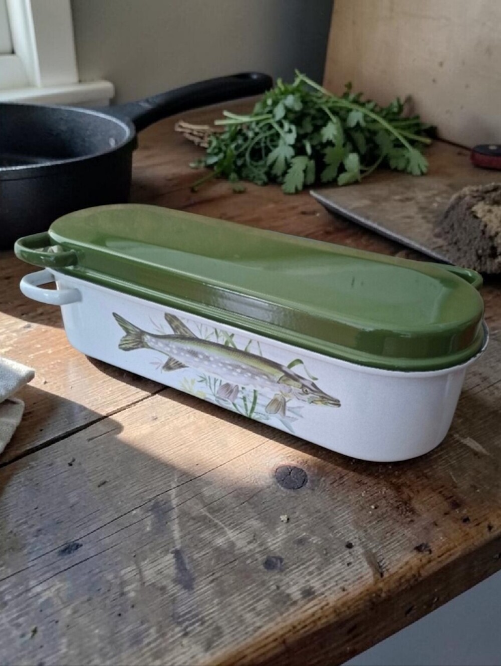 Vintage French Enamel Fish Baking Dish with Lid & Rack Fish Asparagus Steamer